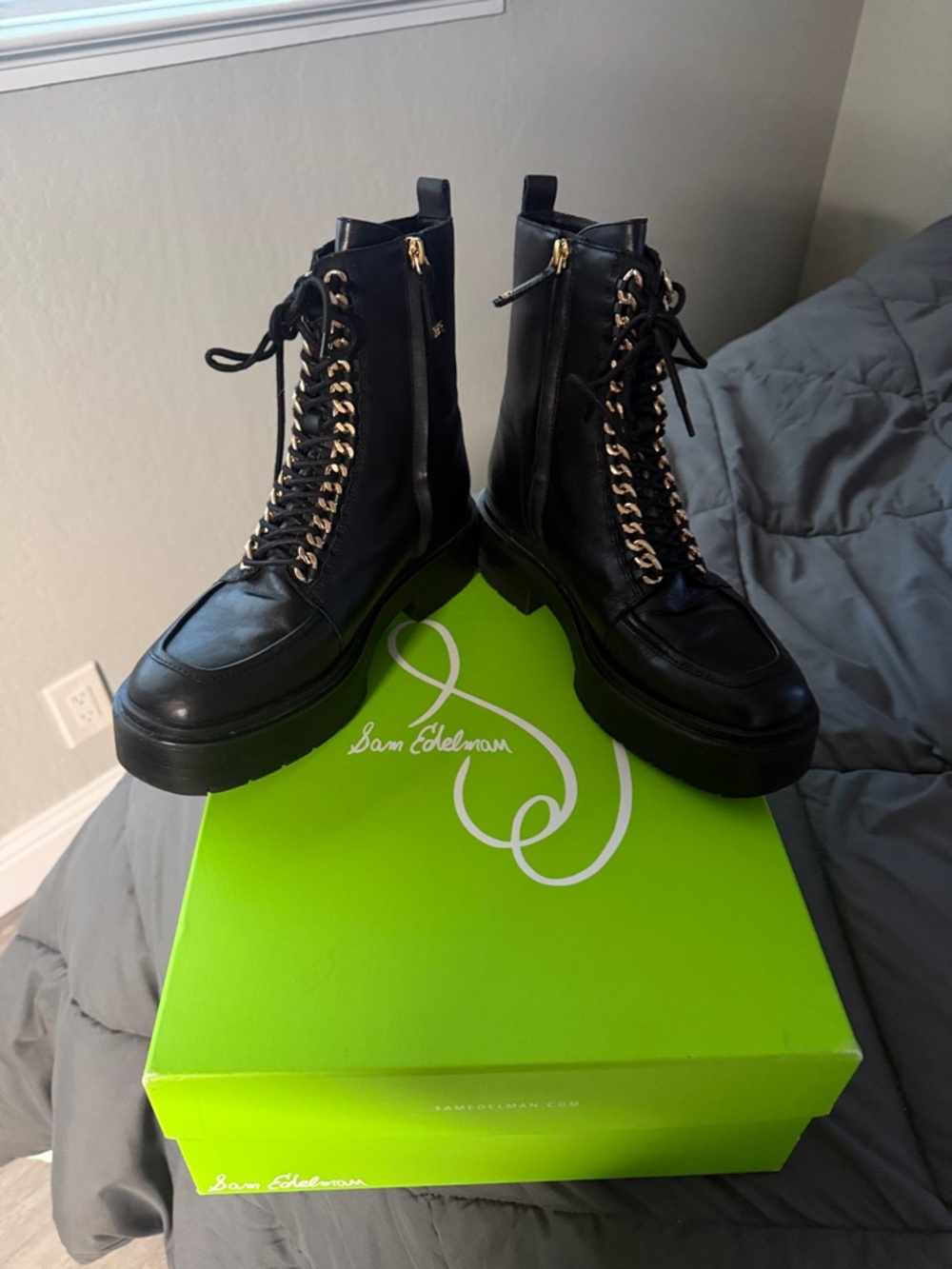 Sam Edelman Black Leather Lace-Up Platform Ankle Boots with Gold Chain Detail